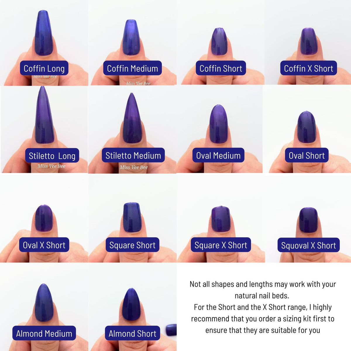 A display of various purple press-on nail shapes and lengths, including Coffin, Stiletto, Oval, Square, and Almond. Each nail is labeled with its shape and length, offering a visual guide for selectio