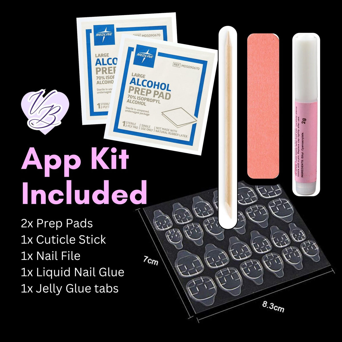 An app kit includes two alcohol prep pads, a cuticle stick, a nail file, liquid nail glue, and jelly glue tabs. The kit also includes a sheet of nail adhesive tabs. The dimensions of the adhesive tabs