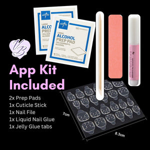 An app kit includes two alcohol prep pads, a cuticle stick, a nail file, liquid nail glue, and jelly glue tabs. The kit also includes a sheet of nail adhesive tabs. The dimensions of the adhesive tabs