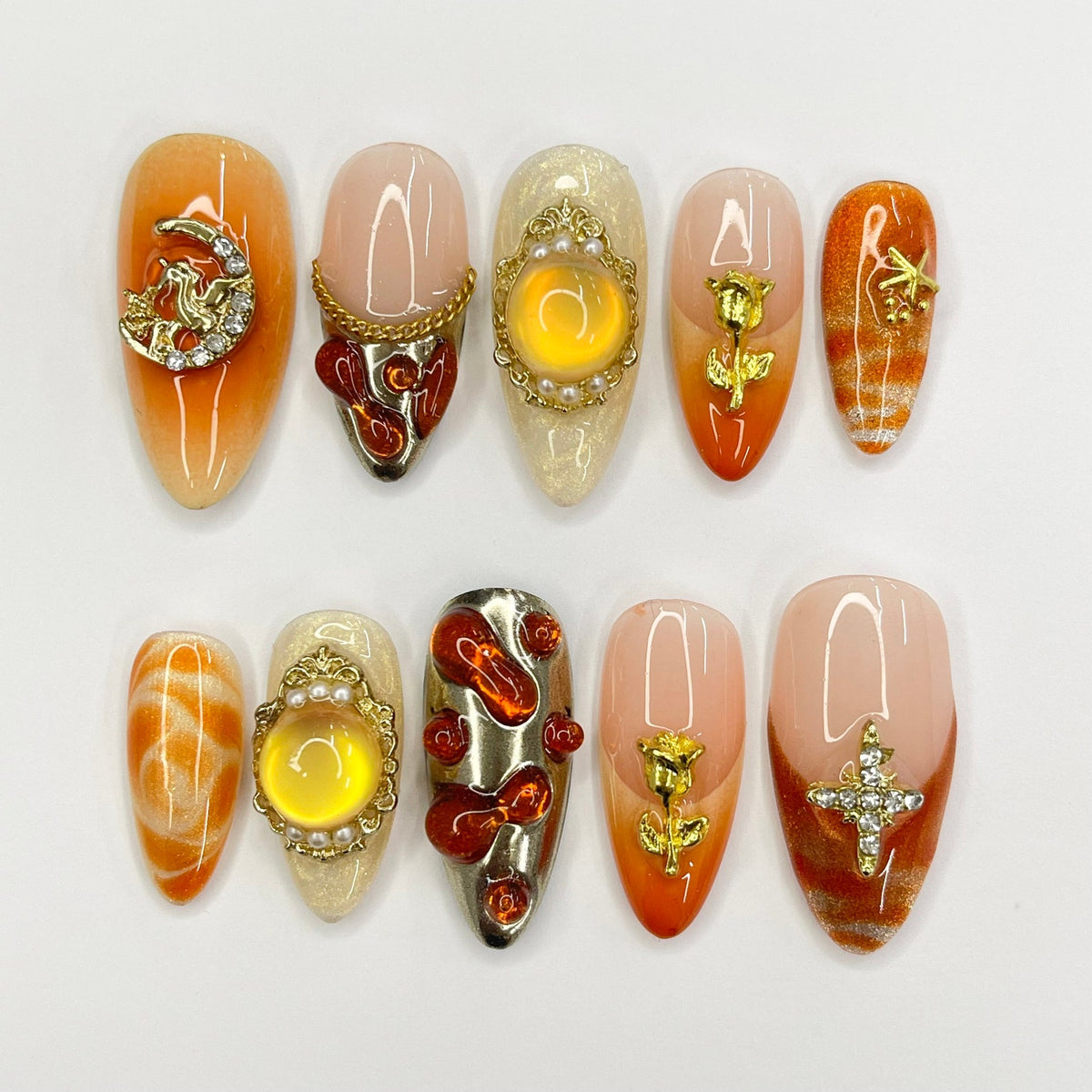 Freestyle Sunset Autumn Inspired Medium Almond Press On Nails, 3D Elegance Fake Nails, Unique Design Nails for Birthday Vacation Holiday
