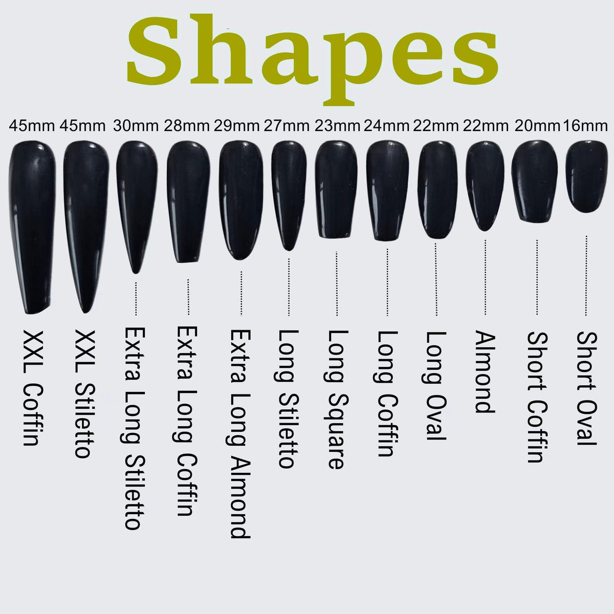 A chart showing different nail shapes and their corresponding lengths in millimeters. The shapes include: Short Oval, Short Coffin, Almond, Long Oval, Long Coffin, Long Square, Long Stiletto, Extra Long Almond, Extra Long Coffin, Extra Long Stiletto,