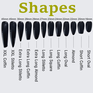 A chart showing different nail shapes and their corresponding lengths in millimeters. The shapes include: Short Oval, Short Coffin, Almond, Long Oval, Long Coffin, Long Square, Long Stiletto, Extra Long Almond, Extra Long Coffin, Extra Long Stiletto,
