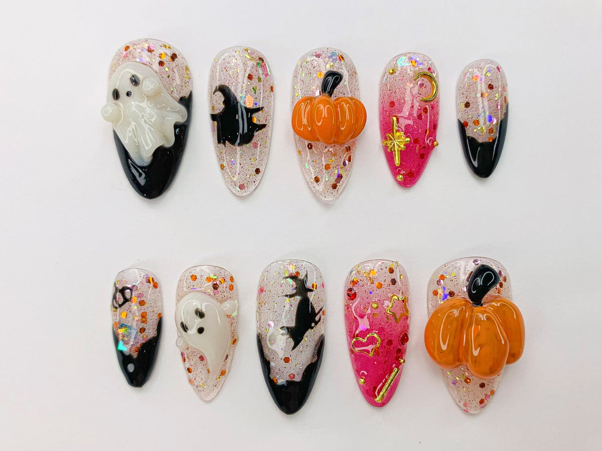 Spooky Halloween Ghost - Pumpkin Press-On Nails | 3D Nail Art for Halloween Party | Glitter Press-On Nails with Witch - Star Accents|JB486SC image 1
