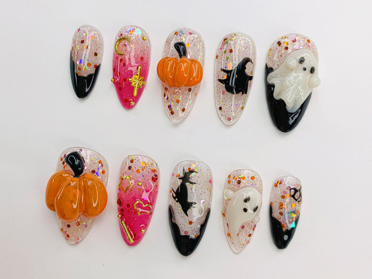 Spooky Halloween Ghost - Pumpkin Press-On Nails | 3D Nail Art for Halloween Party | Glitter Press-On Nails with Witch - Star Accents|JB486SC image 3