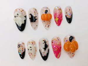 Spooky Halloween Ghost - Pumpkin Press-On Nails | 3D Nail Art for Halloween Party | Glitter Press-On Nails with Witch - Star Accents|JB486SC image 2