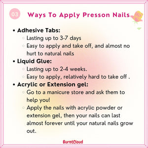 An informational graphic titled 03 Ways To Apply Presson Nails with a pink border and a rose icon. It lists three methods: Adhesive Tabs lasting 3-7 days, Liquid Glue lasting 2-4 weeks, and Acrylic or Extension gel for long-term wear.