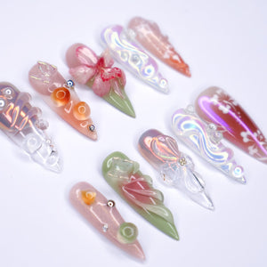 Stunning Long Stiletto Press-On Nails, Pink Orchid, Butterfly Design & Chic Chrome Pearl Effect - Perfect for Glamorous Looks