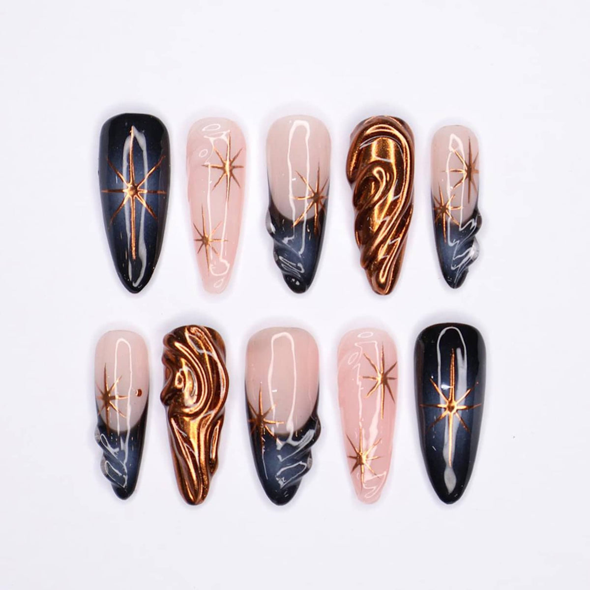 Elevate Your Nail Game with Copper Chrome Twinkle Star Press-Ons: Deep Aura Long Almond Shape for Glamorous, Stand-Out Style