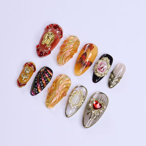 Renaissance Inspried 3D Press On Nails, Royal Theme Fake Nails Art, Unique Design Nails For Holiday Birthday Vacation