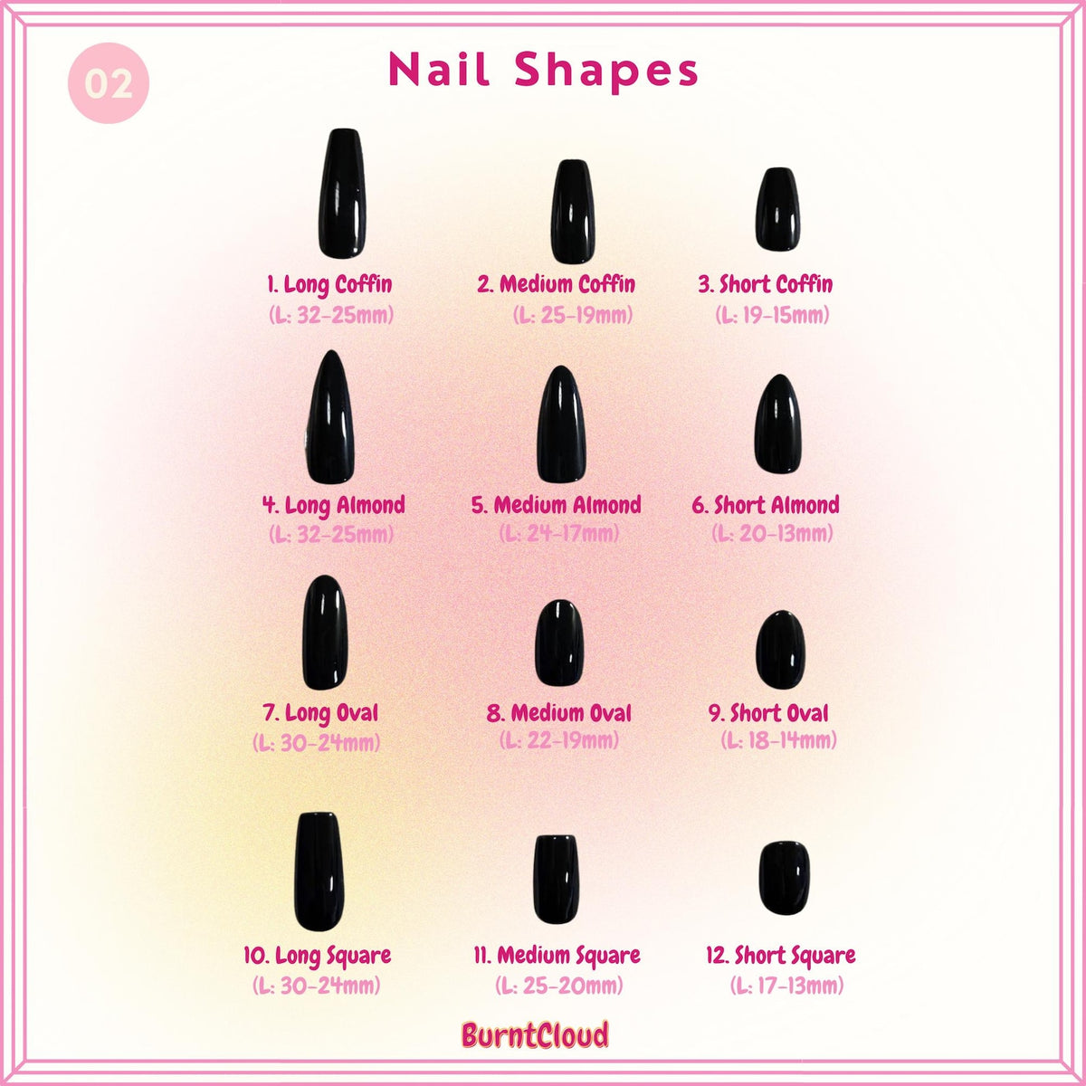 A chart titled Nail Shapes displaying twelve black artificial nail samples in various lengths and styles, including coffin, almond, oval, and square. Each sample is labeled with a number and length range in millimeters, such as 32-25mm.