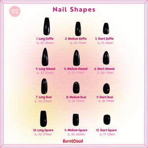 A chart titled Nail Shapes displaying twelve black artificial nail samples in various lengths and styles, including coffin, almond, oval, and square. Each sample is labeled with a number and length range in millimeters, such as 32-25mm.