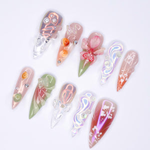 Stunning Long Stiletto Press-On Nails, Pink Orchid, Butterfly Design & Chic Chrome Pearl Effect - Perfect for Glamorous Looks
