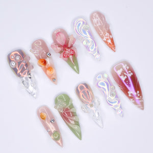 Stunning Long Stiletto Press-On Nails, Pink Orchid, Butterfly Design & Chic Chrome Pearl Effect - Perfect for Glamorous Looks