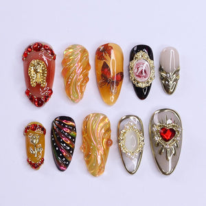 Renaissance Inspried 3D Press On Nails, Royal Theme Fake Nails Art, Unique Design Nails For Holiday Birthday Vacation
