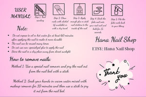 A pink graphic with instructions for applying and removing fake nails. The image includes the text "User Manual," "Hana Nail Shop," and "Thank You." Instructions include nail sanding, cleaning, applying glue, sticking the nail, and filing.