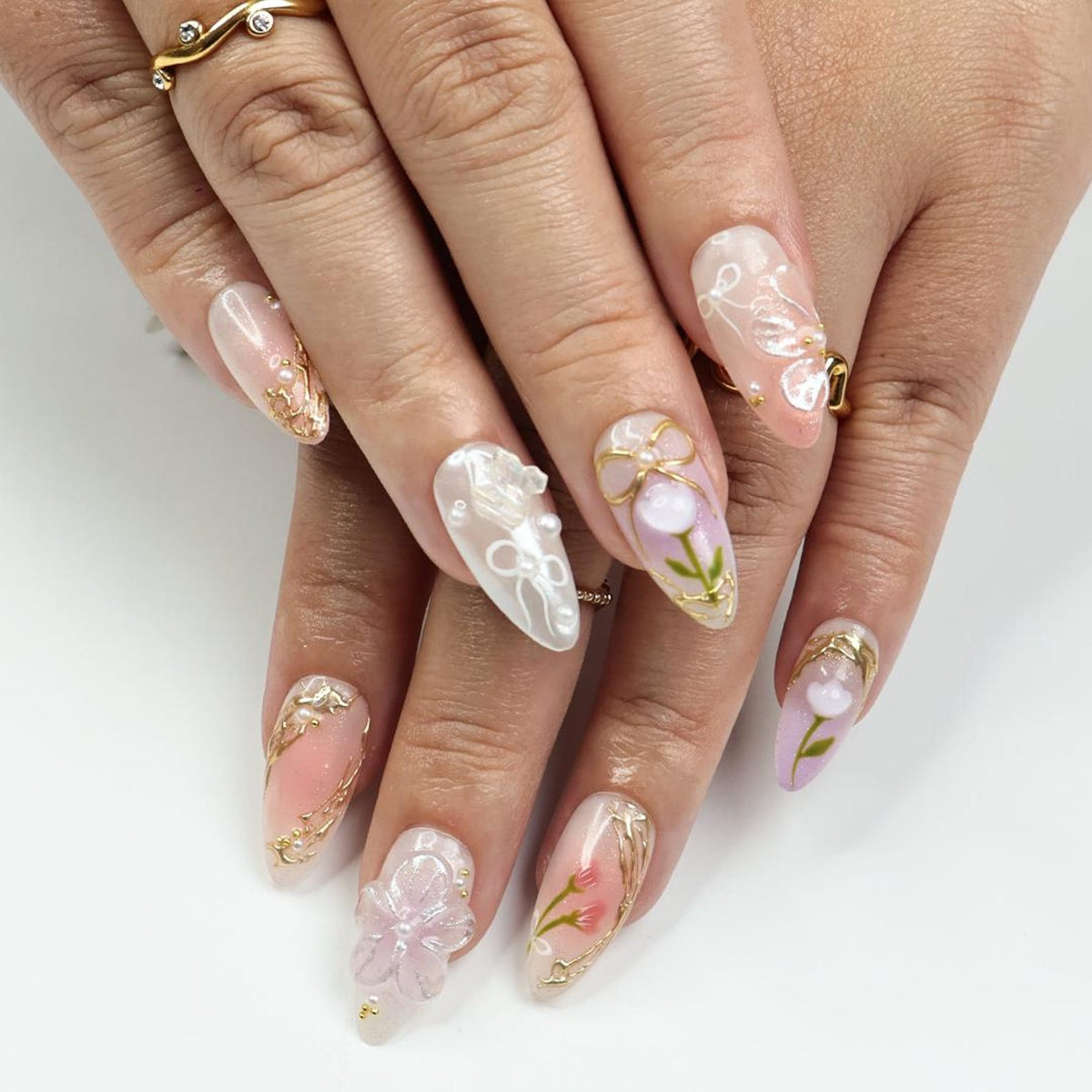 Fairy-Tale Press On Nails, Almond Nails With Gold Ribbons, Pearls & Floral Details, Perfect For A Dreamy Spring Manicure, Vacation, Or Gift