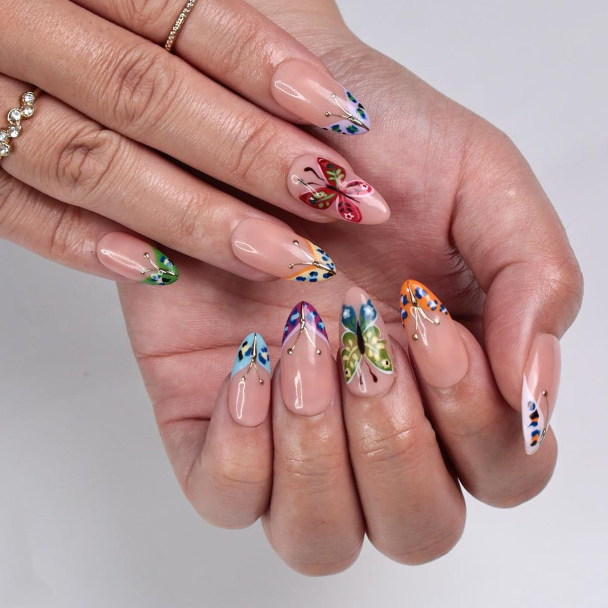 Butterfly Press On Nails, Medium Almond with Colorful Wings, Gold Accents & Nude Base, Perfect for Spring Manicure, Birthday or Gift for Her.