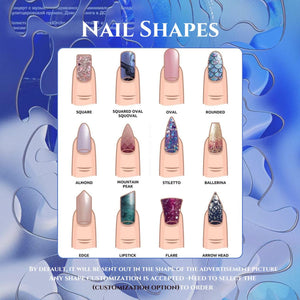 A chart showing different nail shapes with examples of each shape. The shapes include square, squared oval, oval, rounded, almond, mountain peak, stiletto, ballerina, edge, lipstick, flare, and arrow 