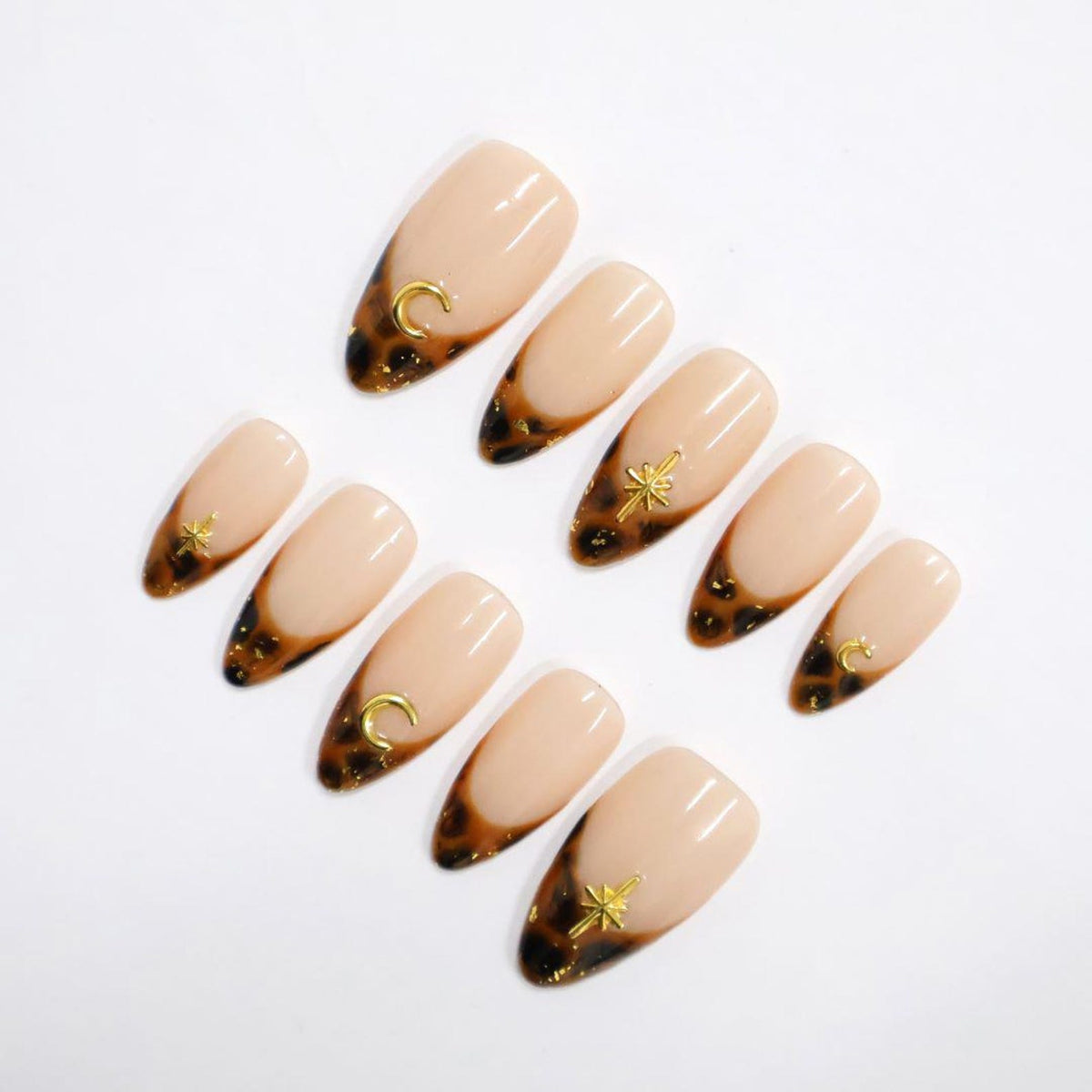 Tortoise French Tip Almond PressOn Nail With Gold Star & Moon Accents, Handmade Trendy Nail Set For Everyday Wear, Special Occasions, Gifts