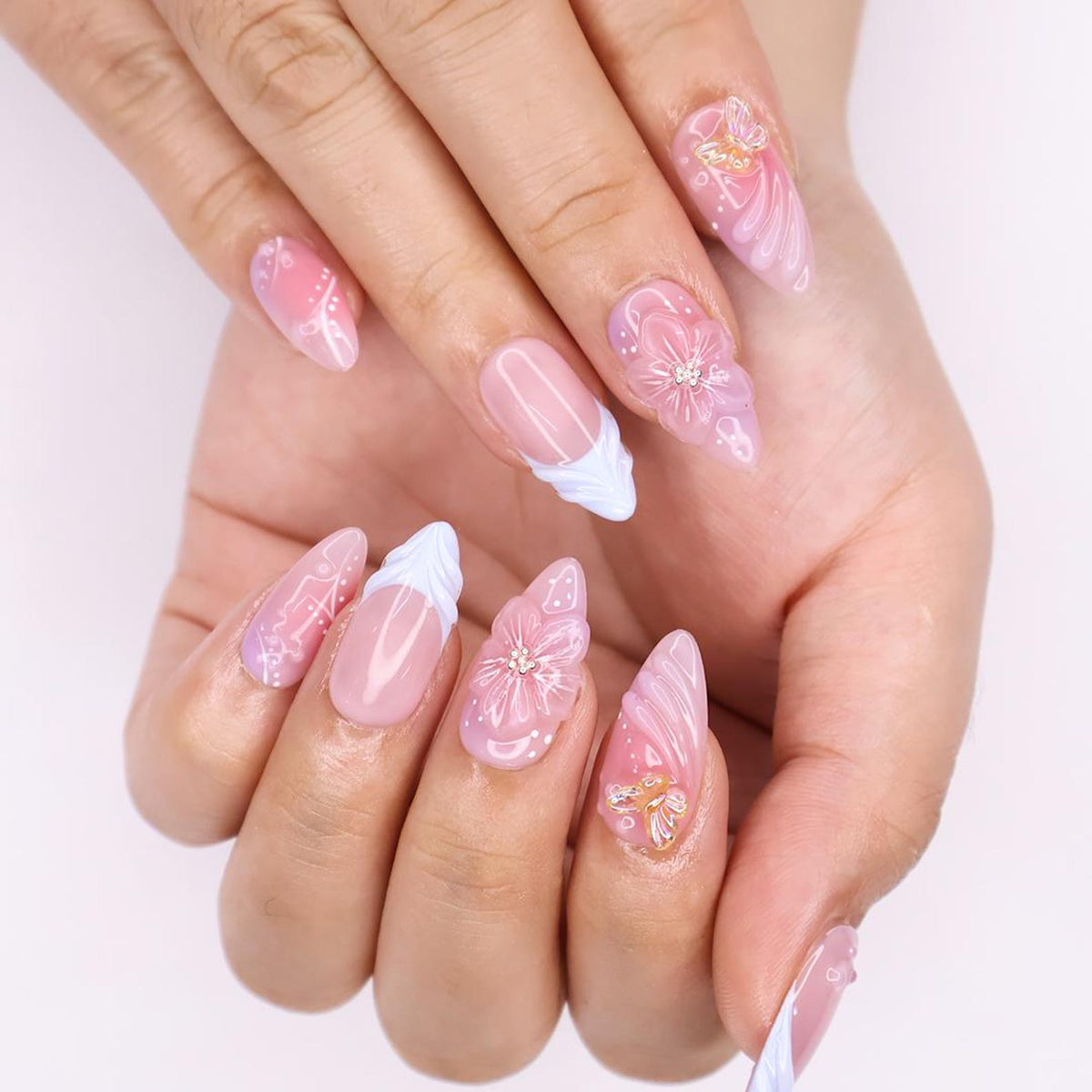 Handmade Floral Press-On Nails With Pink & Blue Ombre, 3D Flowers, Butterfly – Almond Fake Nails, Perfect For Birthdays, Events And Gifts