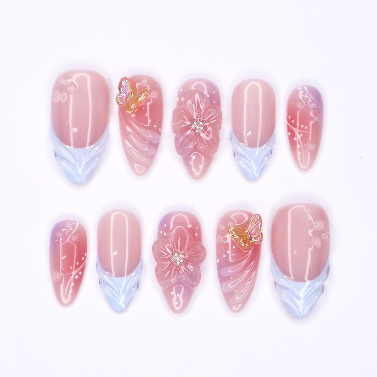 Handmade Floral Press-On Nails With Pink & Blue Ombre, 3D Flowers, Butterfly – Almond Fake Nails, Perfect For Birthdays, Events And Gifts