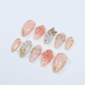 Blush Elegance Press-On Nails with 3D Flowers, Bows & Gold Details – Handmade Chic Nails for a Romantic and Glamorous Look or Gift for Her