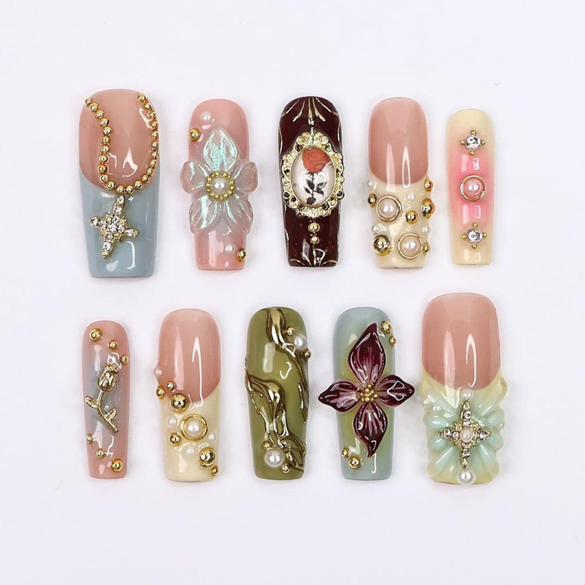 Elysian Romantic Press-On Nails – 3D Flowers, Gold & Pearl Details, Handmade Long Square Nails for Classic Elegance, Events and Gift For Her