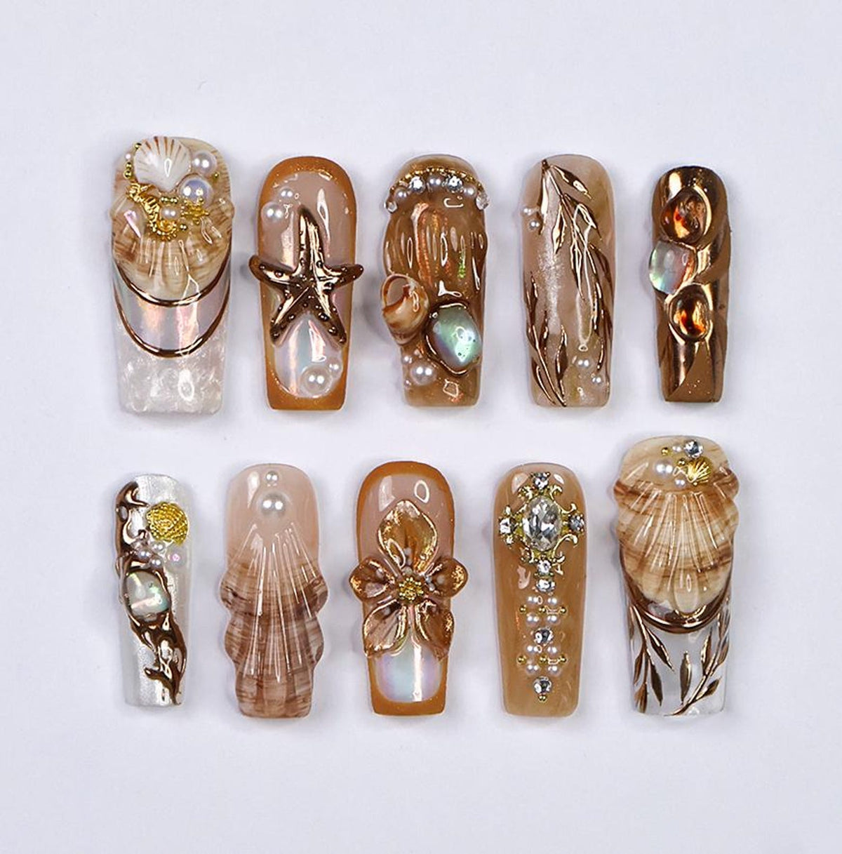 Seamyst Ocean-Inspired Press-On Nails – 3D Seashells, Pearls & Gold Details, Handmade Long Square Nails for Beach Lovers and Elegant Style