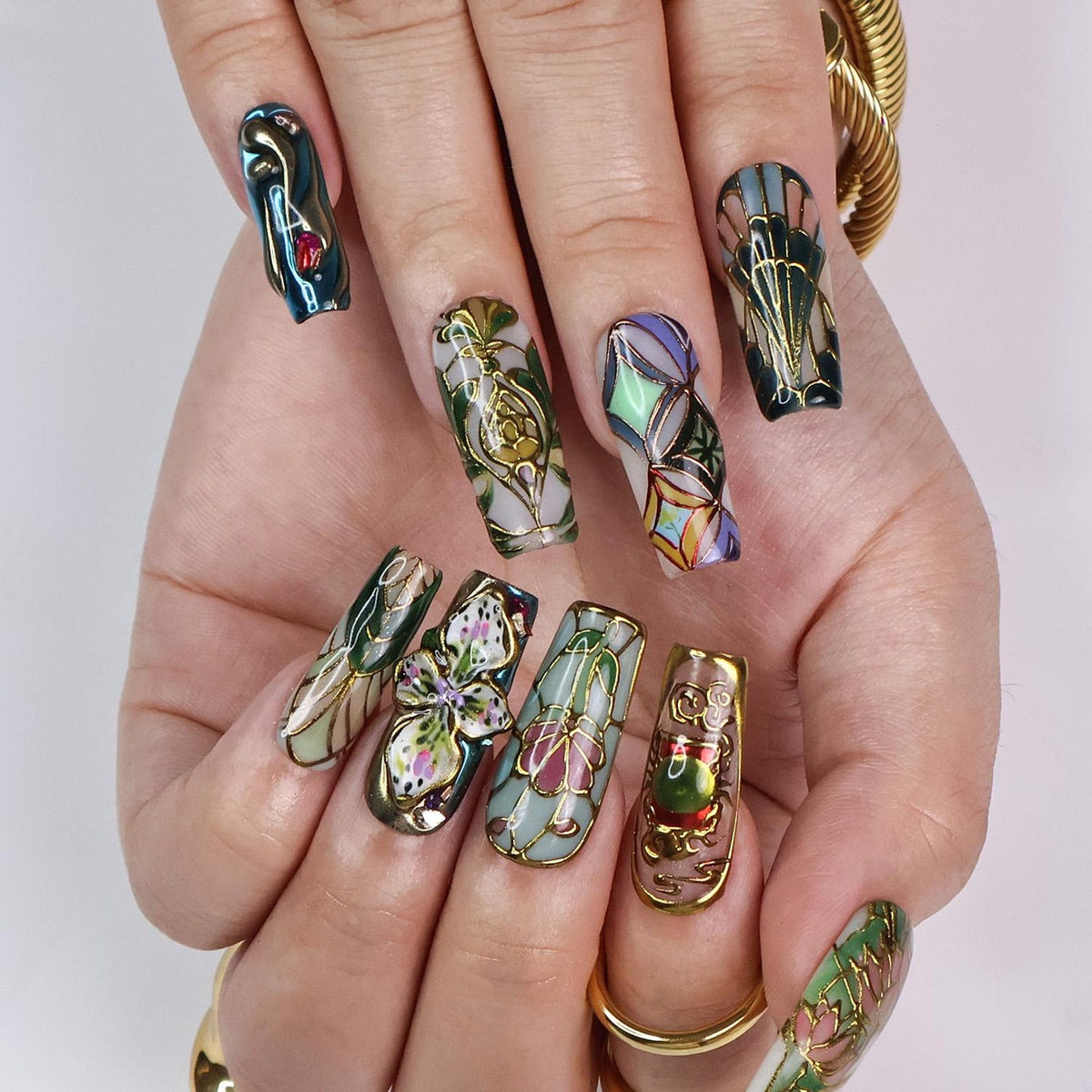 Vitrella Stained Glass Press-On Nails – 3D Gold Details, Floral Accents & Jewel Tones, Handmade Long Coffin Nails for Art and Vintage Lovers