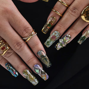 Vitrella Stained Glass Press-On Nails – 3D Gold Details, Floral Accents & Jewel Tones, Handmade Long Coffin Nails for Art and Vintage Lovers