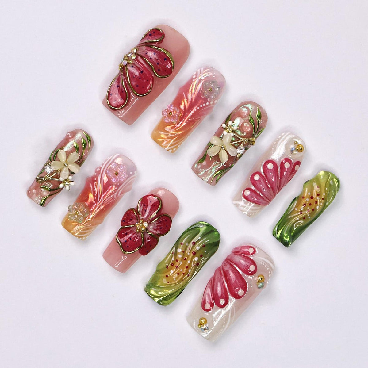 Press On Nails Petalia With Hibiscus | 3D Floral Fake Nails in Long Square | Handmade Spring Nail Art for Holiday, Vacation, Birthday