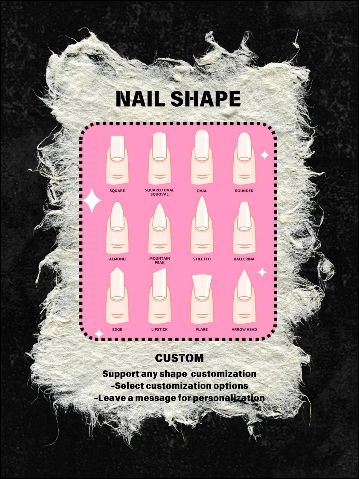 A chart showing different nail shapes with illustrations of each shape. The chart is on a pink background with black borders. The nail shapes include square, squared oval, oval, rounded, almond, mount
