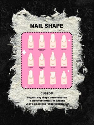A chart showing different nail shapes with illustrations of each shape. The chart is on a pink background with black borders. The nail shapes include square, squared oval, oval, rounded, almond, mount