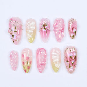Dreamy Pink Press On Nails with 3D Flower Art, Silver Details And Bow, Handmade Almond Nails Perfect For Spring, Birthday & Gifting