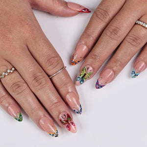 Butterfly Press On Nails, Medium Almond with Colorful Wings, Gold Accents & Nude Base, Perfect for Spring Manicure, Birthday or Gift for Her.