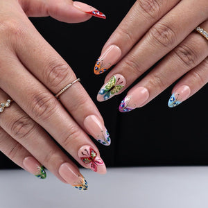 Butterfly Press On Nails, Medium Almond with Colorful Wings, Gold Accents & Nude Base, Perfect for Spring Manicure, Birthday or Gift for Her.