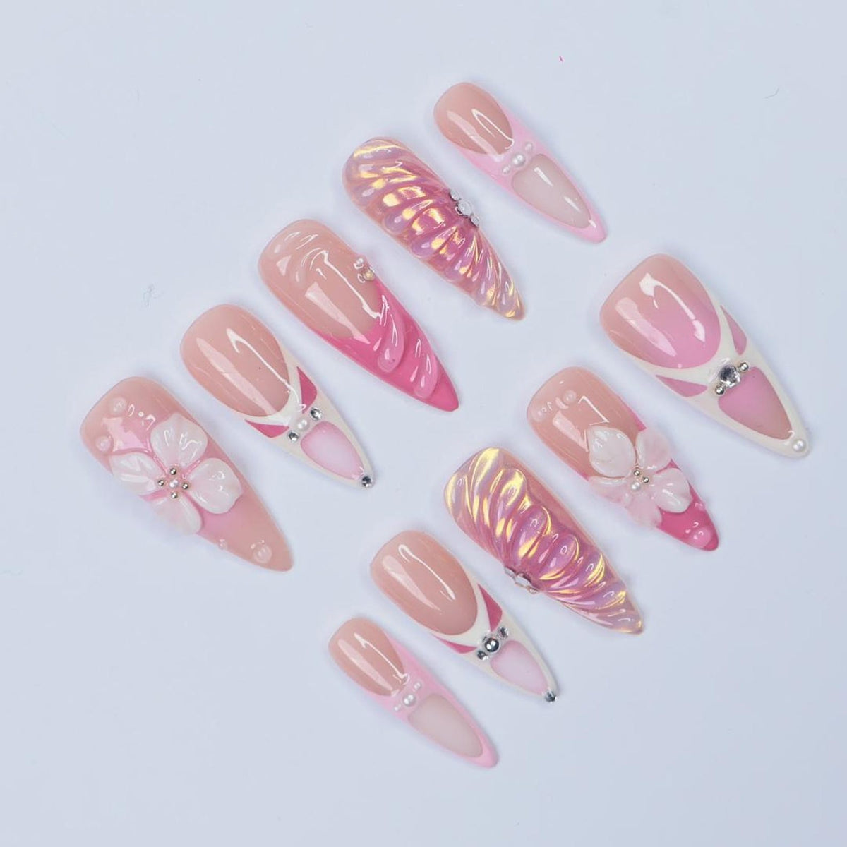 Press On Nails Roselle 3D Flowers & Iridescent Swirls | Pink Floral Fake Nails Long Almond | Handmade Elegant Nail Art for Wedding, Party