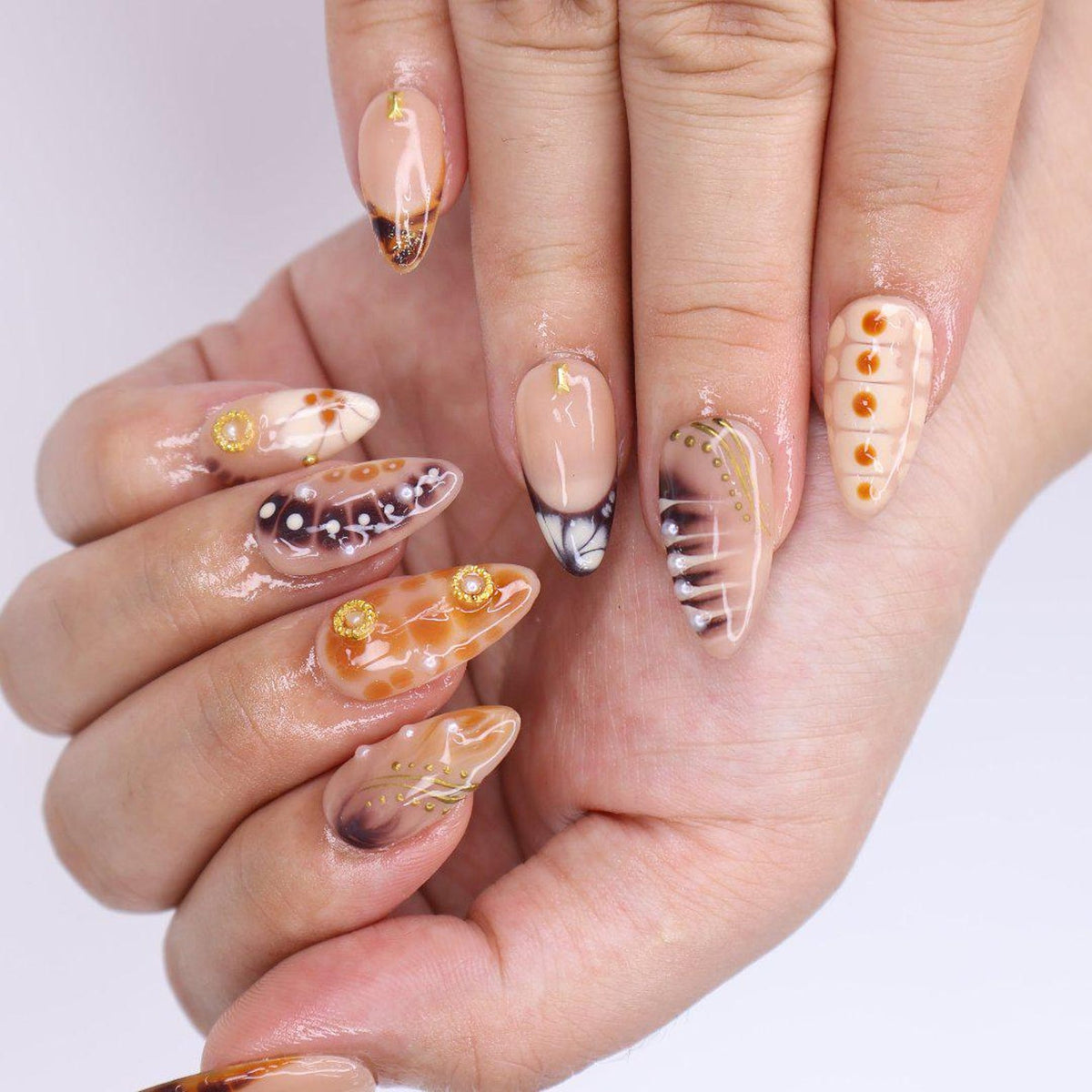 Press On Nails Tortoiseshell with Gold Accents | French Tip Fake Nails in Medium Almond | Handmade Fall Nail Art for Holiday, Vacation, Gift