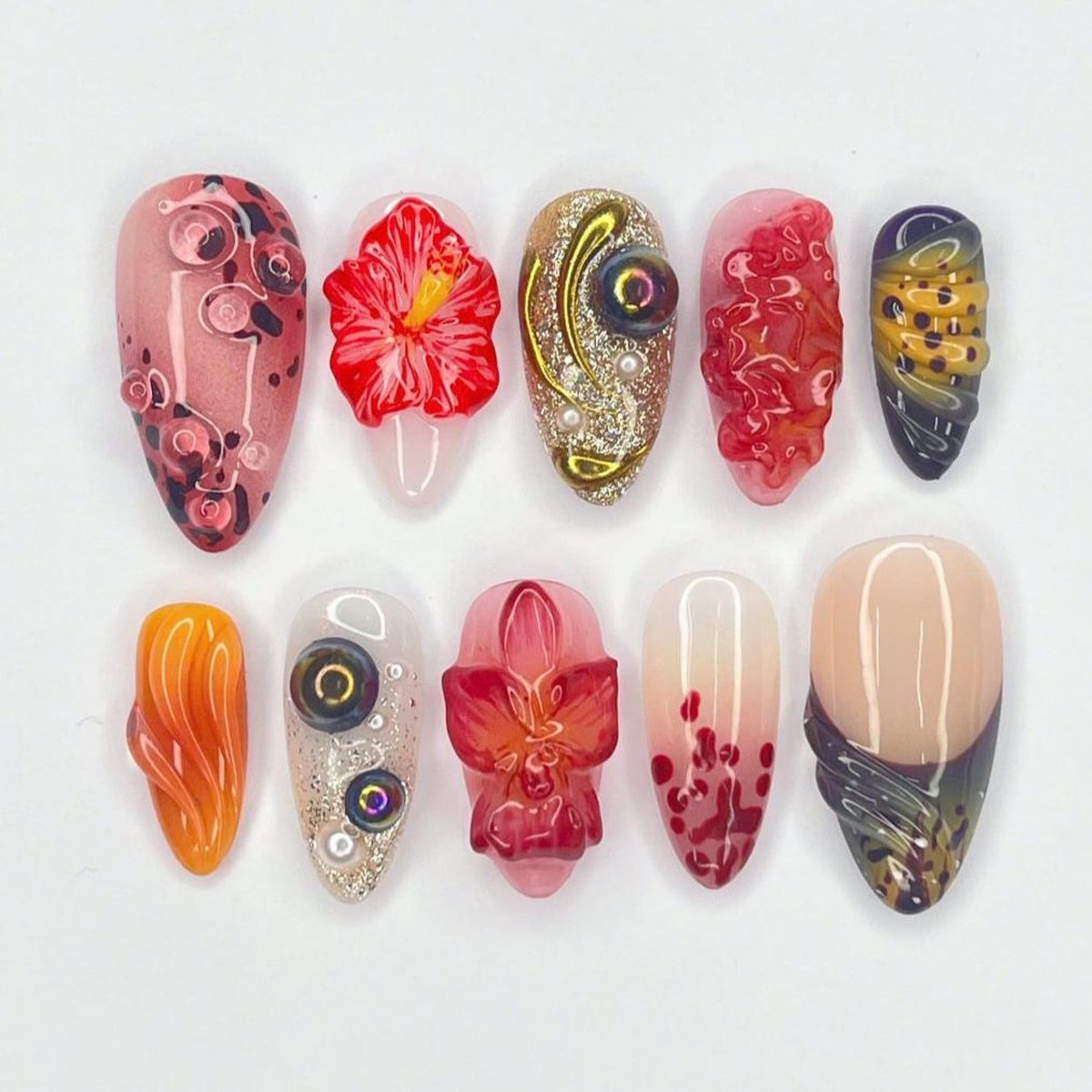 Press On Nails Sunset Bloom with Hibicus | 3D Floral Fake Nails in Medium Almond | Handmade Autumn Nail Art for Holiday, Vacation, Birthday