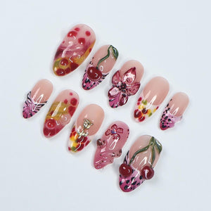 Cherry Blossom PressOn Nail With 3D Cherries, Floral & Abstract Patterns, Handmade Trendy Almond Nail Set for Fashion Lovers Or Gift For Her