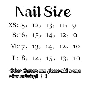 Black and white image with the text "Nail Size" at the top. Below are nail sizes: XS, S, M, and L, each with a corresponding set of numbers. The text "Other Custom size please add a note when ordering! ! !" is at the bottom.