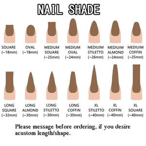 Image showcasing various nail shapes and lengths, including square, oval, stiletto, and coffin styles. Each nail shape is displayed with its approximate length in millimeters, and the text "NAIL SHADE" is at the top.