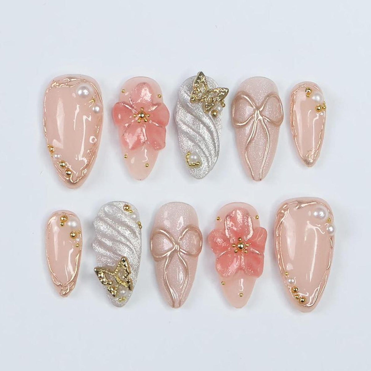 Blush Elegance Press-On Nails with 3D Flowers, Bows & Gold Details – Handmade Chic Nails for a Romantic and Glamorous Look or Gift for Her