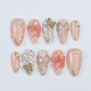 Blush Elegance Press-On Nails with 3D Flowers, Bows & Gold Details – Handmade Chic Nails for a Romantic and Glamorous Look or Gift for Her