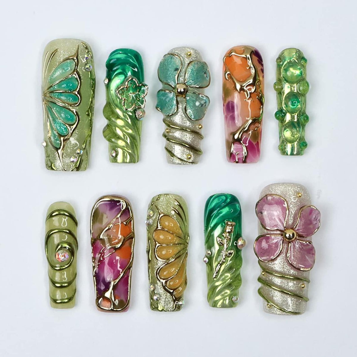 Botanica Long Square Press-On Nails – Vibrant Green & Floral 3D Nail Set, Handmade Nails for Fairy-Tale Looks and Weddings Or Gift For Her