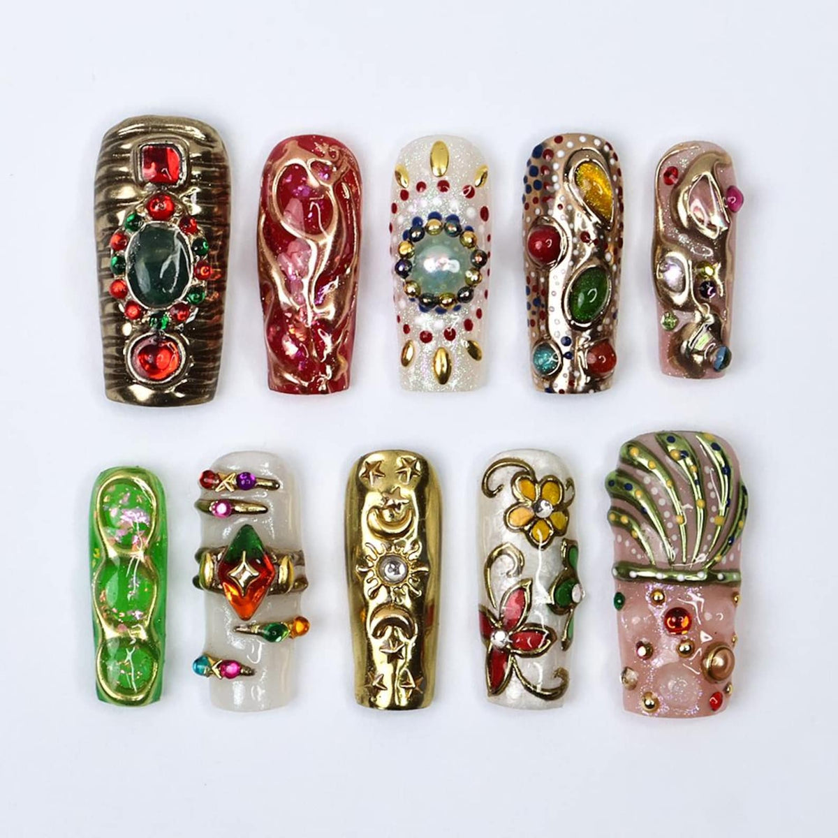 Regalia Press-On Nails – Royal-Inspired Red, Green & Gold Jewel Nail Set, Handmade Long Square Nails for Opulent Looks, Events and Gifts
