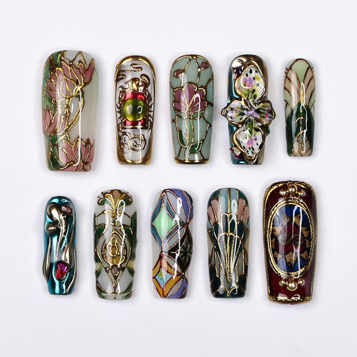 Vitrella Stained Glass Press-On Nails – 3D Gold Details, Floral Accents & Jewel Tones, Handmade Long Coffin Nails for Art & Vintage Lovers