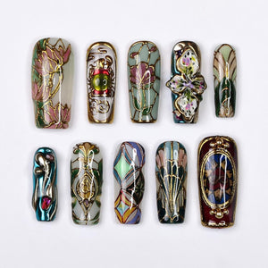 Vitrella Stained Glass Press-On Nails – 3D Gold Details, Floral Accents & Jewel Tones, Handmade Long Coffin Nails for Art & Vintage Lovers