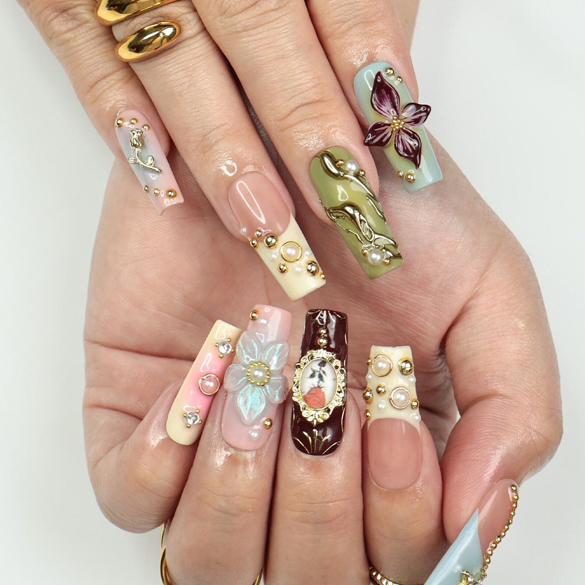 Elysian Romantic Press-On Nails – 3D Flowers, Gold & Pearl Details, Handmade Long Square Nails for Classic Elegance, Events and Gift For Her