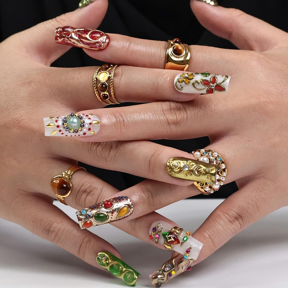 Regalia Press-On Nails – Royal-Inspired Red, Green & Gold Jewel Nail Set, Handmade Long Square Nails for Opulent Looks, Events and Gifts